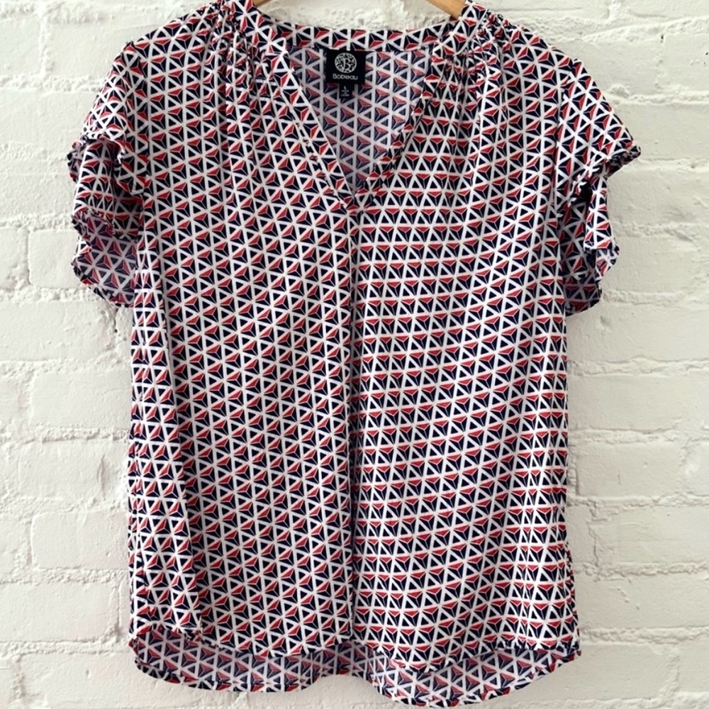 Bobeau Womens Printed Ruffle Sleeve Pullover Top Blouse Size Large Office